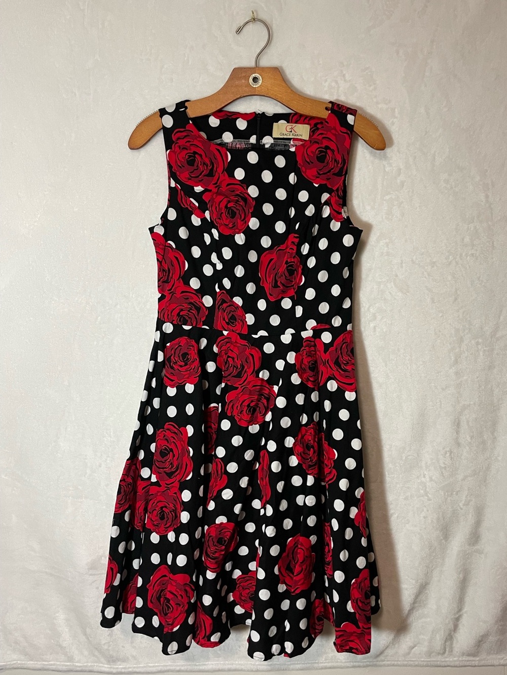 Grace Karin Retro Swing Black Polka Dot Dress with Red Rose Print